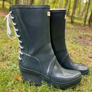 Hunter Verbier Tall Lace Up Wedge Rain Boots Wellies Blue White Waterproof